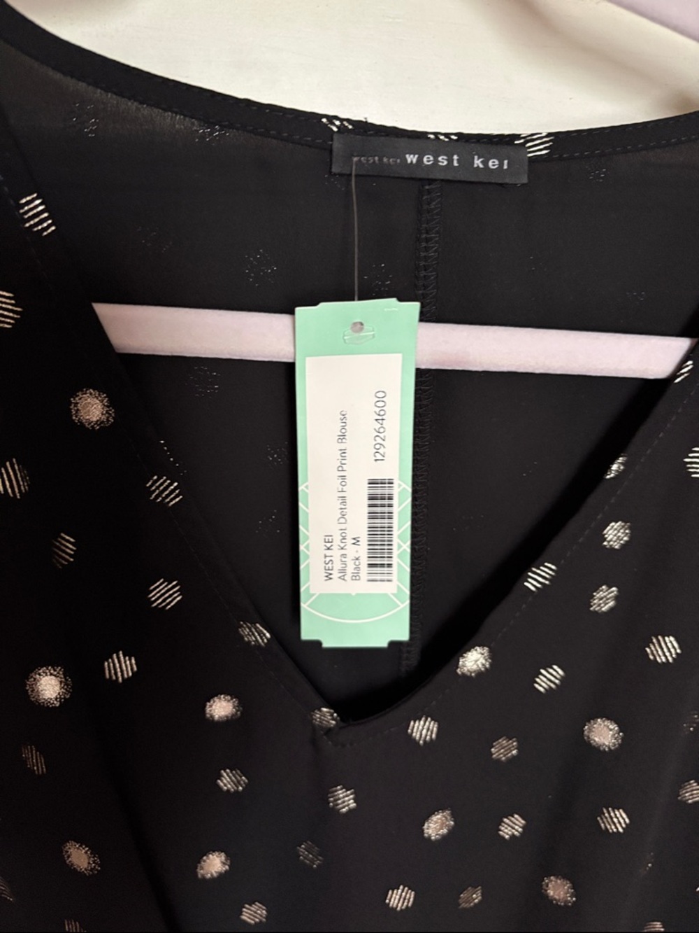 West Kei Black V-Neck Twist Hem Top with Metallic Dot Print - Picture 3 of 5